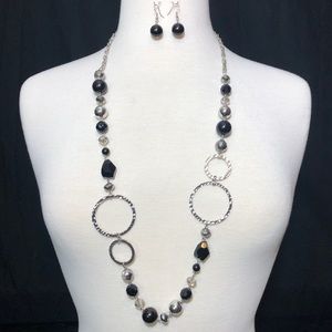 Long Black Bead Silver Rings Necklace Earrings Set